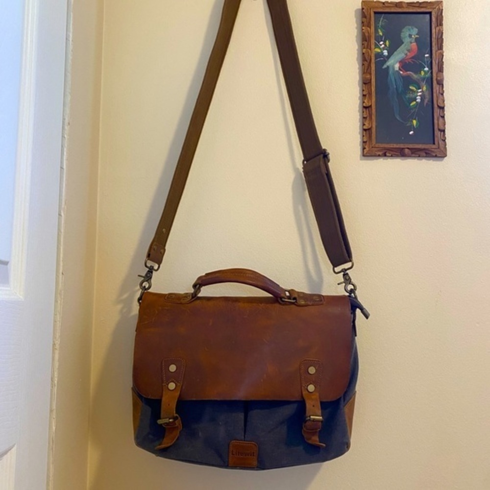 Life Wit Brown Leather and Gray Canvas Briefcase Messenger Bag